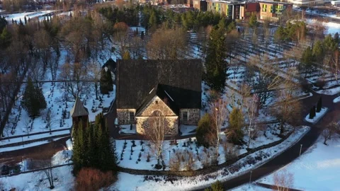 Aerial view of the Espoo Old Stone Church, Finland. Stock Footage 153621157