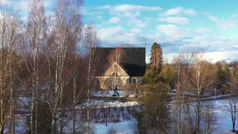 Aerial view of the Espoo Old Stone Church, Finland. 스톡 동영상 153621382