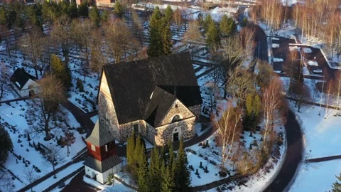 Aerial view of the Espoo Old Stone Church, Finland. 스톡 동영상 153621861