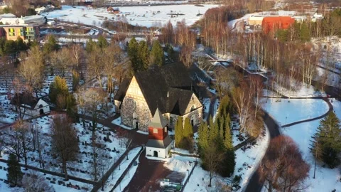 Aerial view of the Espoo Old Stone Church, Finland. Stock Footage 153621965