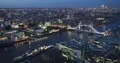 Aerial View Establishing Shot of London Center Skyline Famous Tower Bridge Dusk 4k or 4k+ Resolution