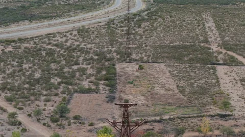 Aerial view of Estación 2 Cable Carril’s ruins and cable structures in the dry Stock Footage 321734364
