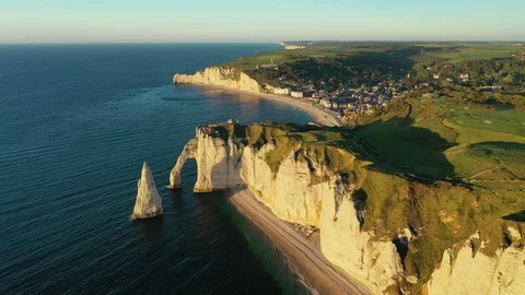 Aerial view of Etretat, famous resort town and cliffs - Normandy, France, Europe Stock Footage