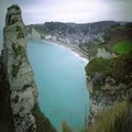 Aerial view of Etretat resort town in France, azure water, relaxing landscape 4k or 4k+ Resolution