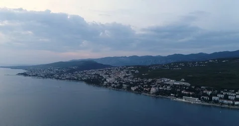 Aerial view: Evening flight over Crikvenica city and Adriatic Sea in Croatia 動画素材 128190673