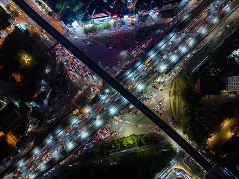 Aerial View of Evening Traffic at Intersection in Hanoi, Vietnam Stock Photos
