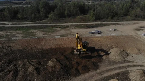Aerial view of the excavator on the construction site. Stock Footage 125536321