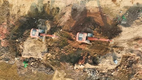 Aerial view of Excavator on earthmoving at construction site Stock Footage 287111095