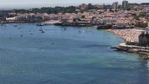 Aerial view exploring the scenic coastline of Cascais, Portugal Stock Footage 281947807