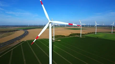 Aerial View of an Extensive Wind Farm in Beautiful Weather and Blue Sky. Stock Footage 296714533