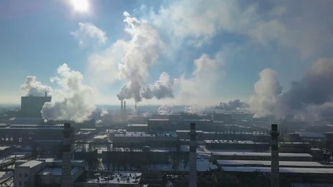 Aerial view of factory smoke stack - Oil refinery, petrochemical or chemical Stock Footage 85124331