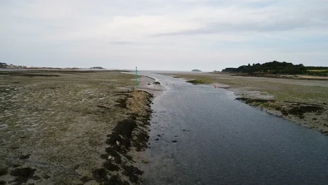 Aerial view. fairway navigation marks during low tide in Brittany, France. Stock Footage 116818444