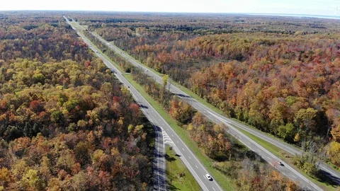 Aerial view of fall foliage on I-81 highway at Watertown, New York, U.S.A Stock Footage 118714316