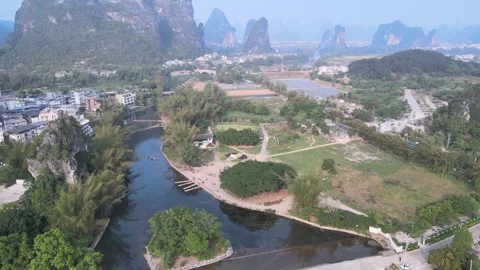 Aerial View of Famous Banyan Tree Scenic Area in Yangshuo, Guilin Stock Footage 342017771
