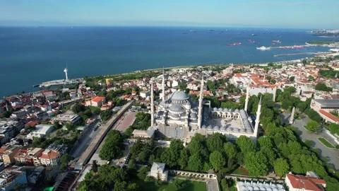 Aerial view of famous Blue Mosque in Istanbul and historical city center Stock Footage 237646483