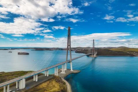 Aerial view of famous cable-stayed bridge to Russky island from Vladivostok c Stock Photos