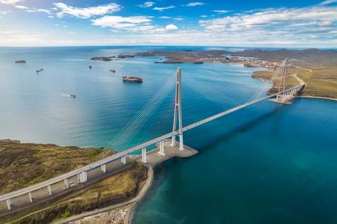 Aerial view of famous cable-stayed bridge to Russky island from Vladivostok c Stock Photos