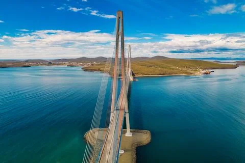 Aerial view of famous cable-stayed bridge to Russky island from Vladivostok c Stock Photos
