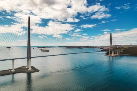 Aerial view of famous cable-stayed bridge to Russky island from Vladivostok c Stock Photos