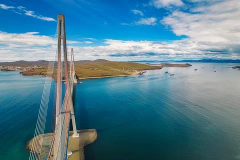 Aerial view of famous cable-stayed bridge to Russky island from Vladivostok c Stock Photos