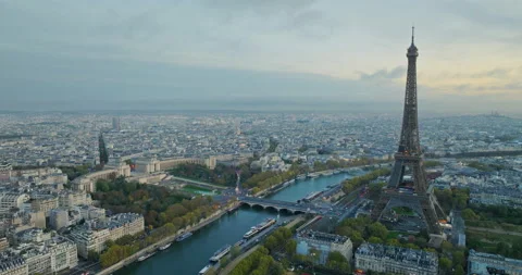 Aerial view of famous Eiffel Tower in Paris, France with morning cloud and fog. Stock Footage 239850407