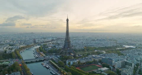 Aerial view of famous Eiffel Tower in Paris, France with morning cloud and fog. Stock Footage 274468578