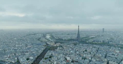 Aerial view of famous Eiffel Tower in Paris, France with morning cloud and fog. Stock Footage 274468679