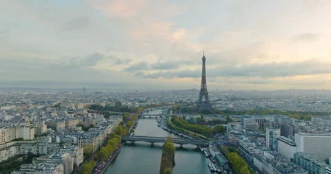 Aerial view of famous Eiffel Tower in Paris, France with morning cloud and fog. Stock Footage 274469019