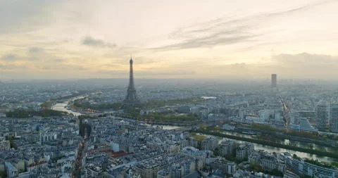 Aerial view of famous Eiffel Tower in Paris, France with morning cloud and fog. Stock Footage 292865595