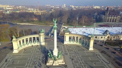 Aerial view of famous Heroes' square and City Park with Ice Rink at winter time Stock Footage 84264898