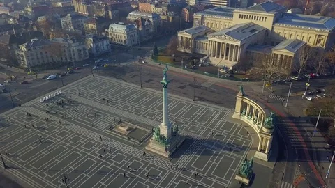 Aerial view of famous Heroes' square and Ice rink at city park at sunset Stock Footage 84265099