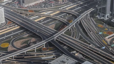 Aerial view of famous highway intersection at daytime. 4K time lapse. Dubai, UAE Stock Footage 113564467