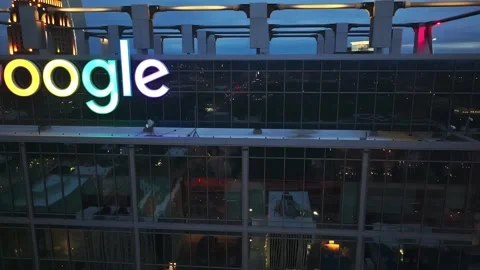 Aerial view of famous Lighting Google Logo on modern skyscraper in Atlanta Stock Footage 303339412
