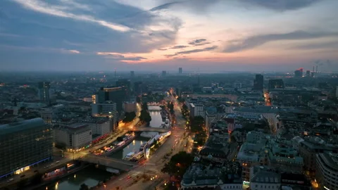 Aerial view of famous places Vienna skyline at night, Austria. Old town and new Stock-Footage 282742753