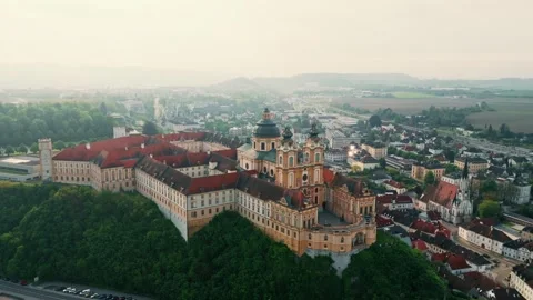 Aerial view of the famous St. Peter and Paul Church in Melk Benedictine Abbey Stock Footage 243199029
