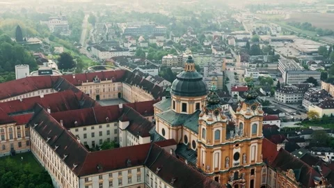 Aerial view of the famous St. Peter and Paul Church in Melk Benedictine Abbey Stock Footage 243199300