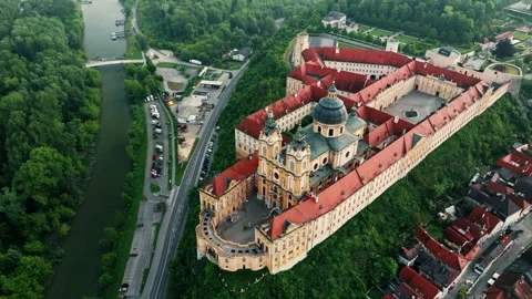 Aerial view of the famous St. Peter and Paul Church in Melk Benedictine Abbey, Stock Footage 243200242