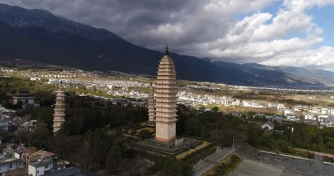 Aerial View of The Famous Three Pagodas in Dali Stock-Footage 101834696