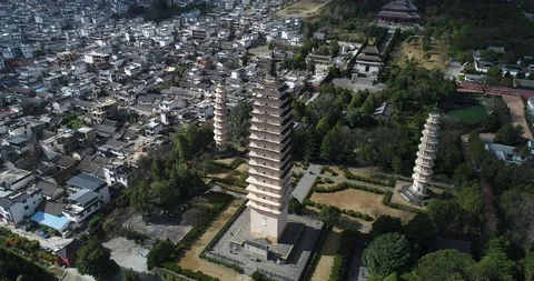 Aerial View of The Famous Three Pagodas in Dali Stock Footage 101835465