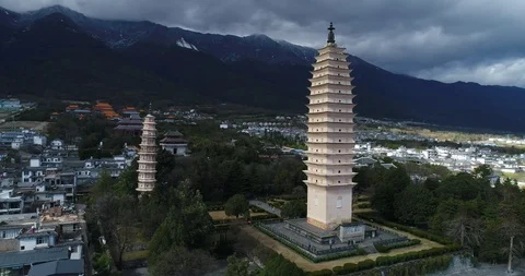 Aerial View of The Famous Three Pagodas in Dali Stock Footage 101835682