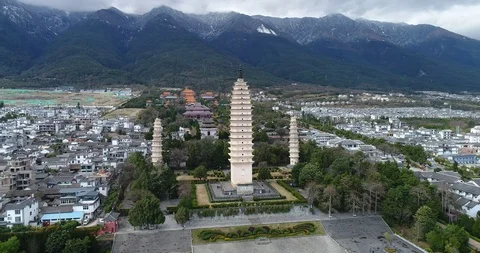 Aerial View of The Famous Three Pagodas in Dali Stock Footage 101836098