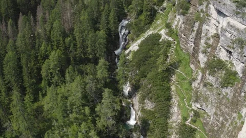 Aerial view of the Fanes waterfall complex in Trentino Alto Adige Stock Footage 287952886