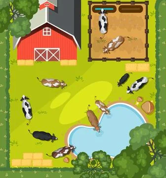 Aerial View of Farm with Cows Stock Illustration