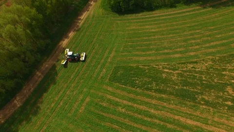 Aerial view of a farmer in a modern tractor mowing a green fresh grass field. Stock Footage 89446356