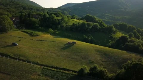 Aerial view of farmer pulling fresh hey with a tractor. Stock Footage 148988659