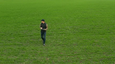 Aerial view of a farmer with a tablet walking on a green field Stock Footage 128626778