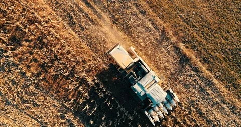 Aerial view of farmer using combine harvester and working the fields Stock Footage 100971196