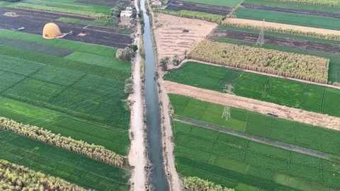 Aerial view of farmland and canal with hot air balloon landing near Luxor, Egypt Stock Footage 316554207