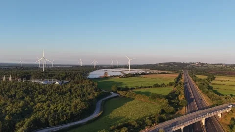 Aerial View of Farmland Fields and Lake at Sunset Stockbeeldmateriaal 339745296