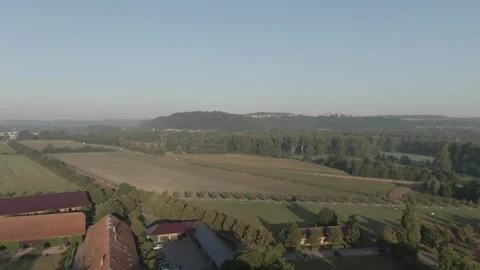 Aerial View of Farmstead and Fields, Rural Countryside at Sunrise, Drone Shot Stock Footage 341323662